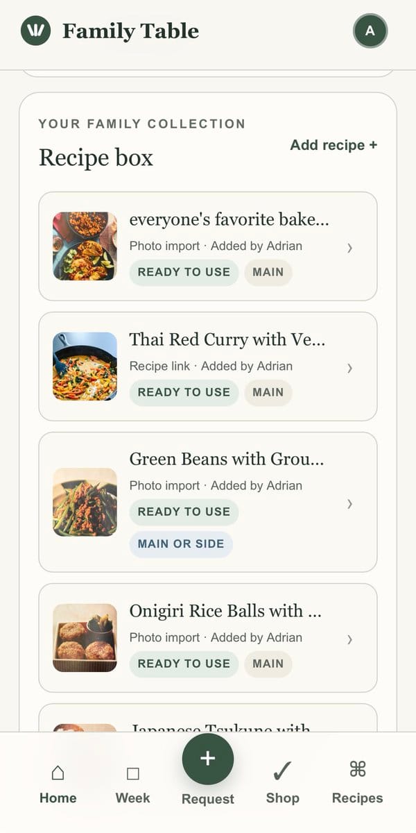 Family Table app recipe box showing a scrollable list of recipes including baked dishes, Thai Red Curry, Green Beans, and Onigiri Rice Balls, each with a photo thumbnail and tags